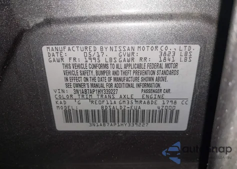 2017 Nissan Sentra Sv z USA, uszkodzony, nr VIN 3N1AB7AP1HY339227